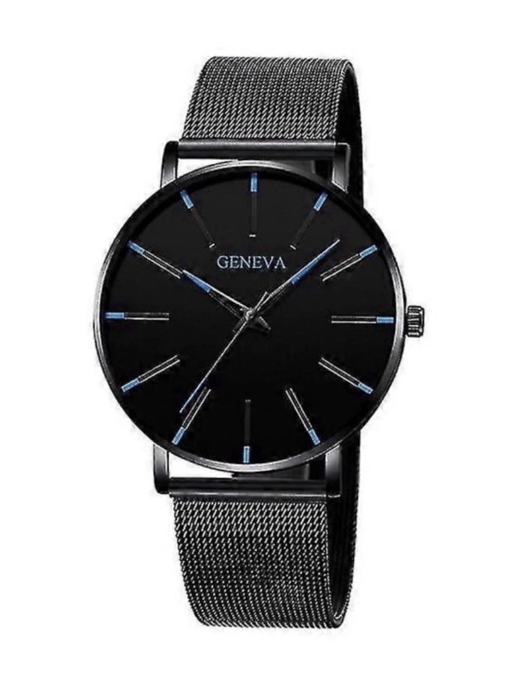 Geneva Black Mesh Strap Watch with Blue Accents